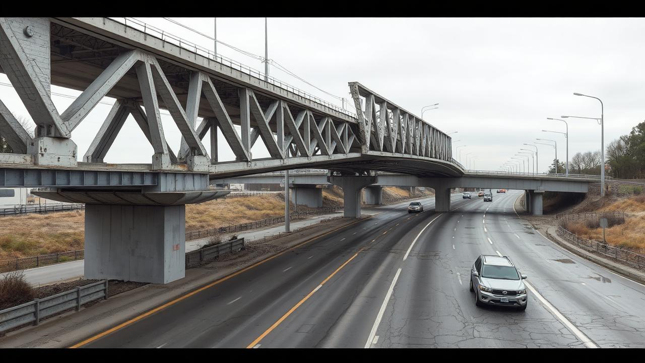 Concrete pedestrian truss span crossing a multi-lane highway