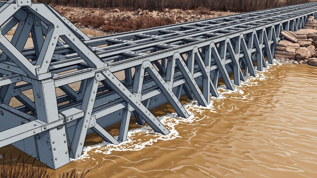 Steel deck truss bridge over a river with gusset plate connections visible