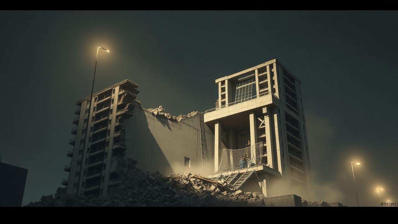 Partially collapsed reinforced concrete residential tower at night
