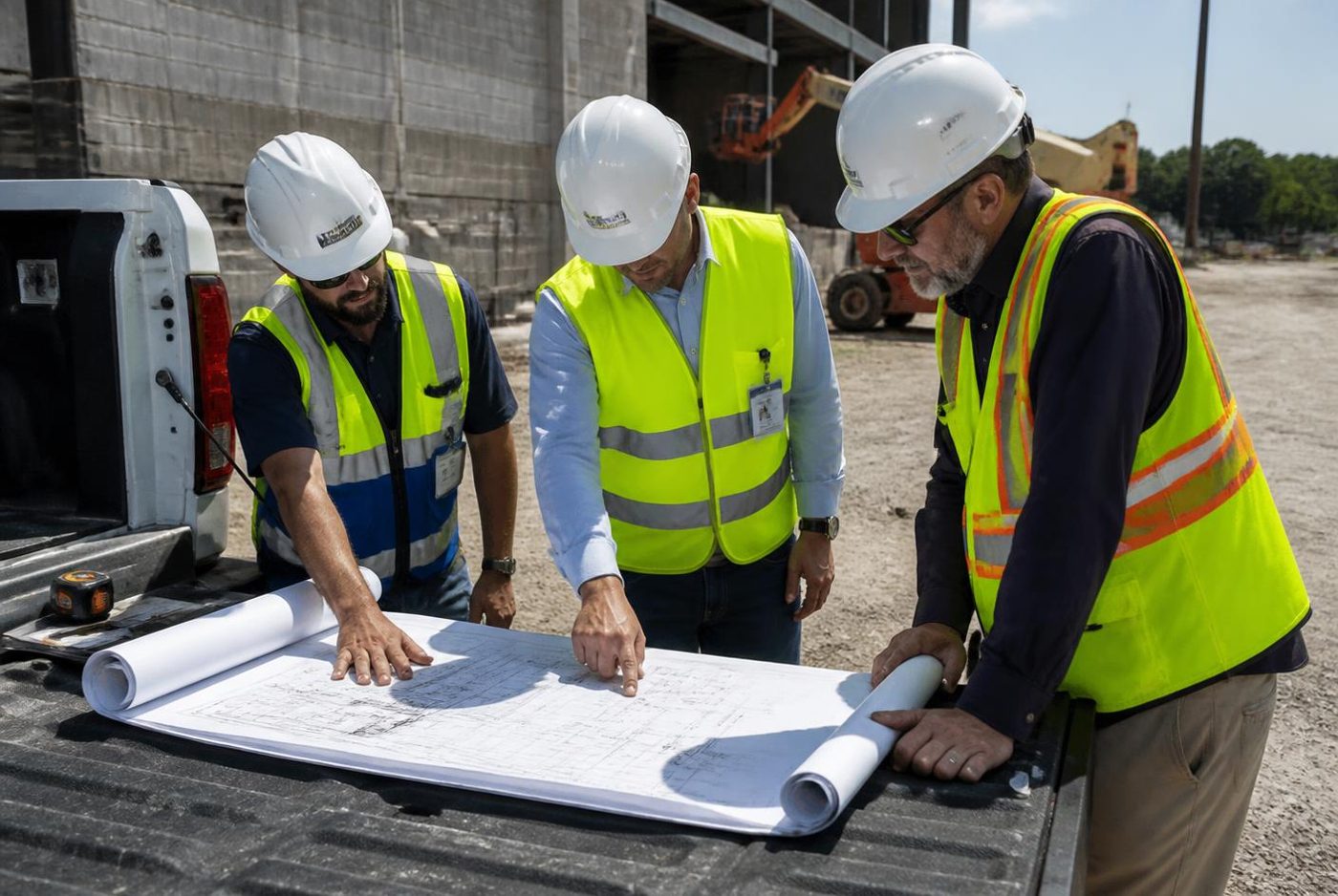 Three engineers in hard hats and safety vests reviewing drawings on a truck tailgate.