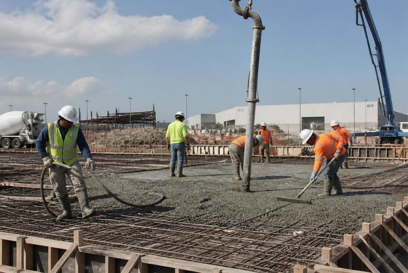 Crew placing pumped concrete into a reinforced slab with formwork and rebar mats visible.