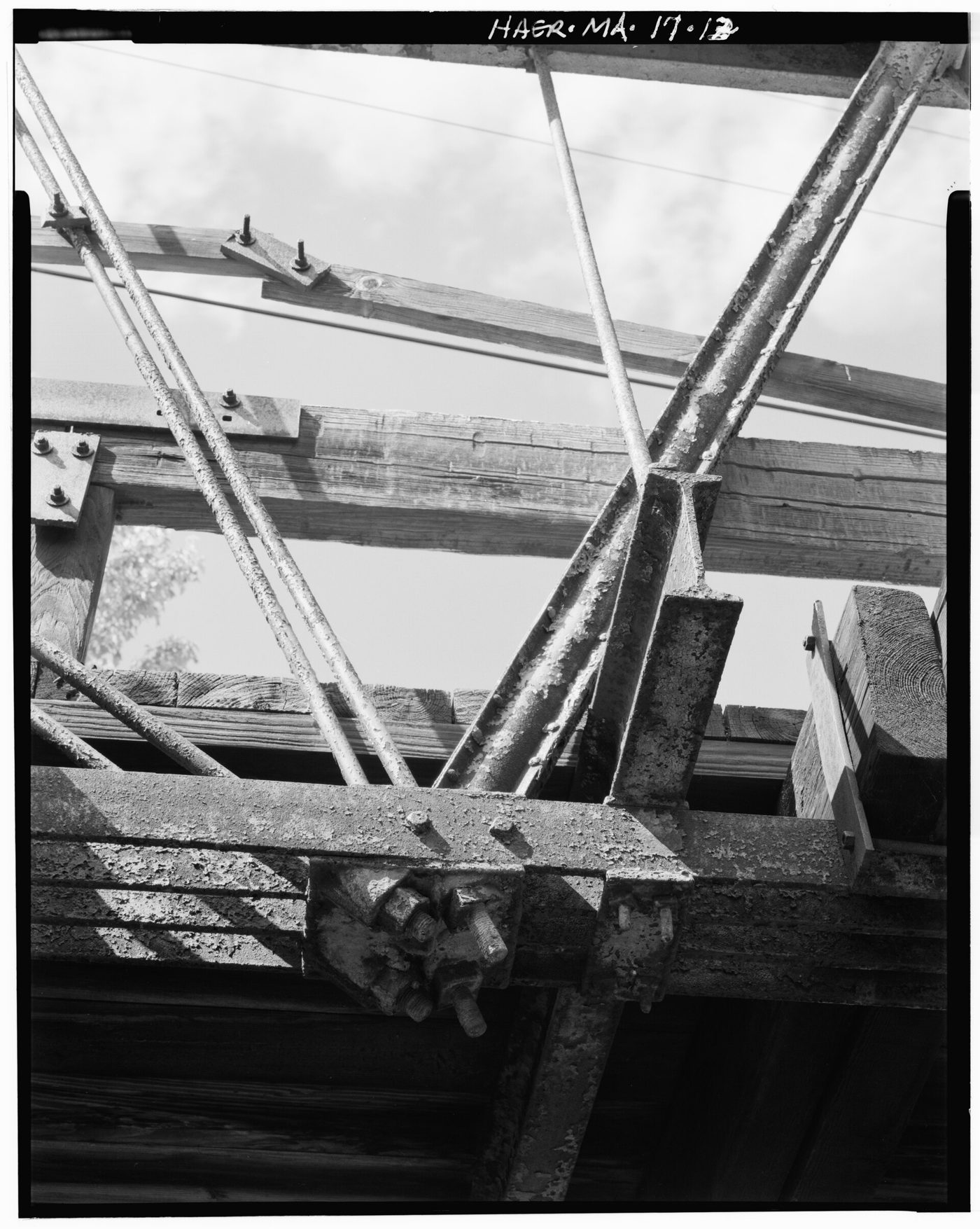 Bolted connection at the bottom chord of a steel truss bridge.