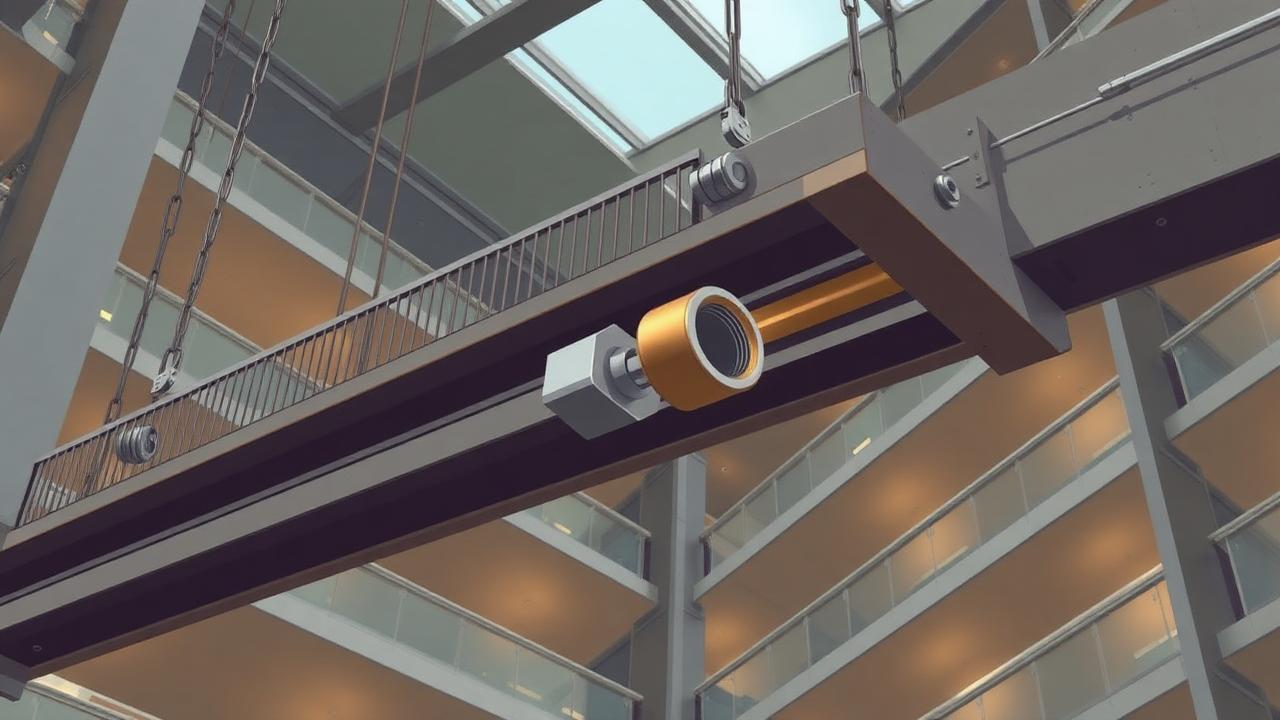 Suspended atrium walkway with a hanger rod nut bearing directly on a welded box beam