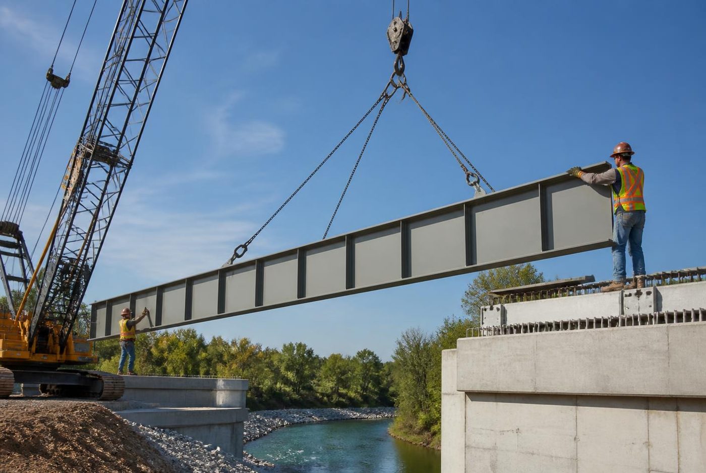 Crane lowering a steel plate girder onto bridge bearings while ironworkers guide it.