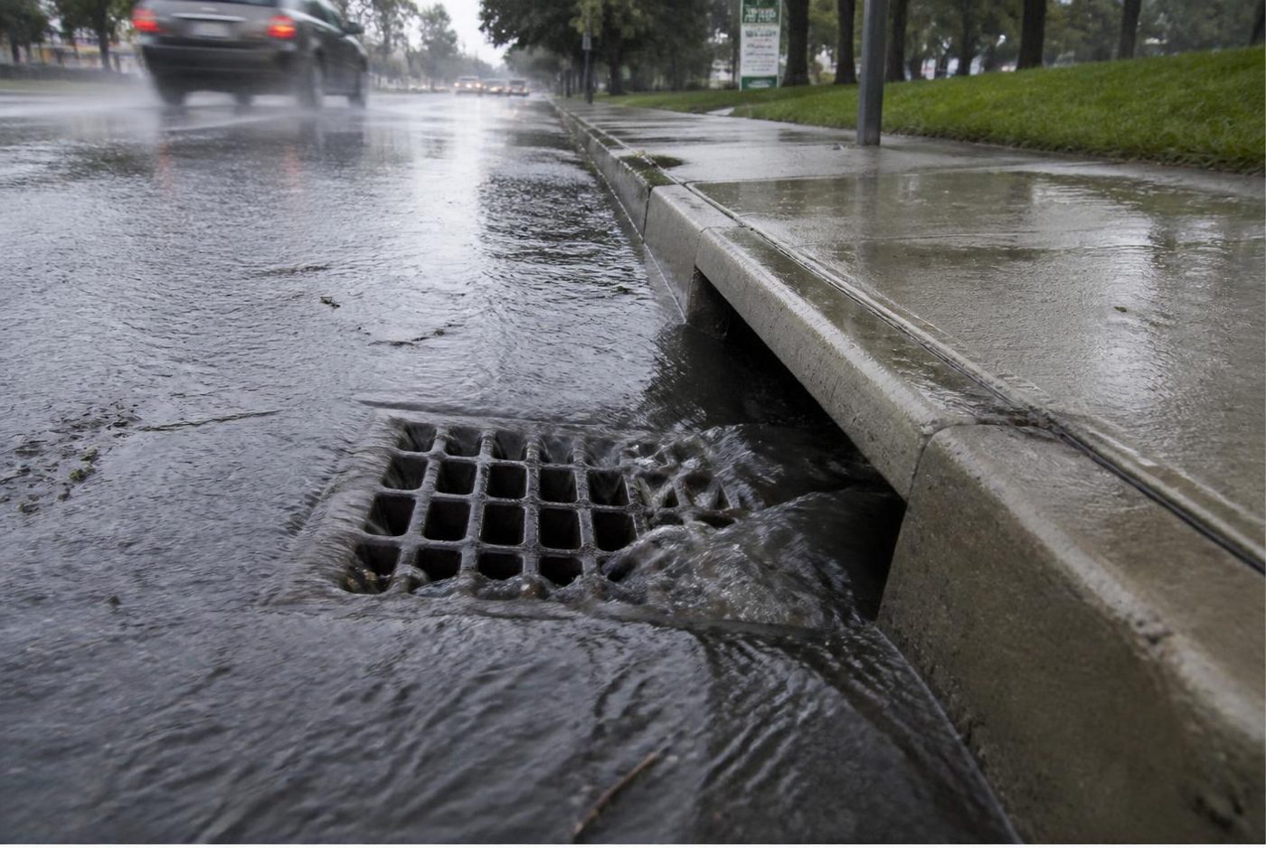Water ponding in a street gutter and flowing into a curb storm drain inlet during rain.