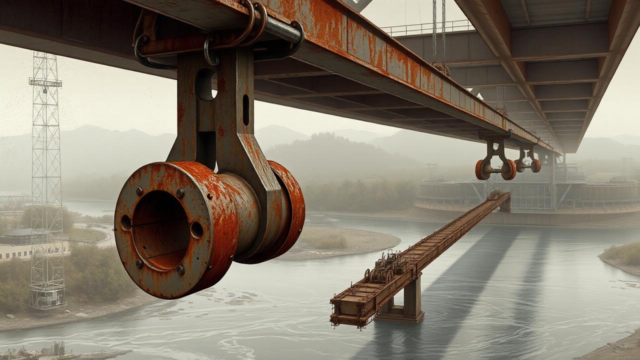 Heavily corroded steel pin-and-hanger assembly under a bridge girder