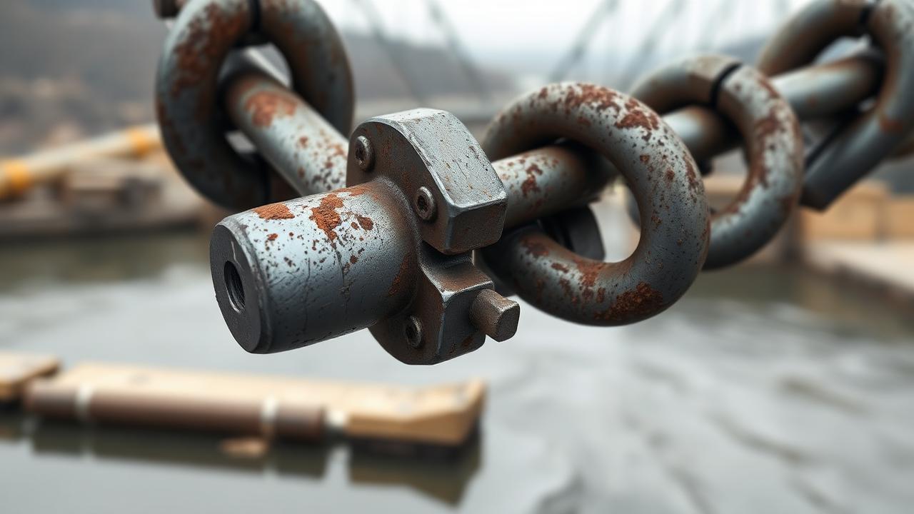 Corroded eyebar chain pin joint with a fractured eyebar head
