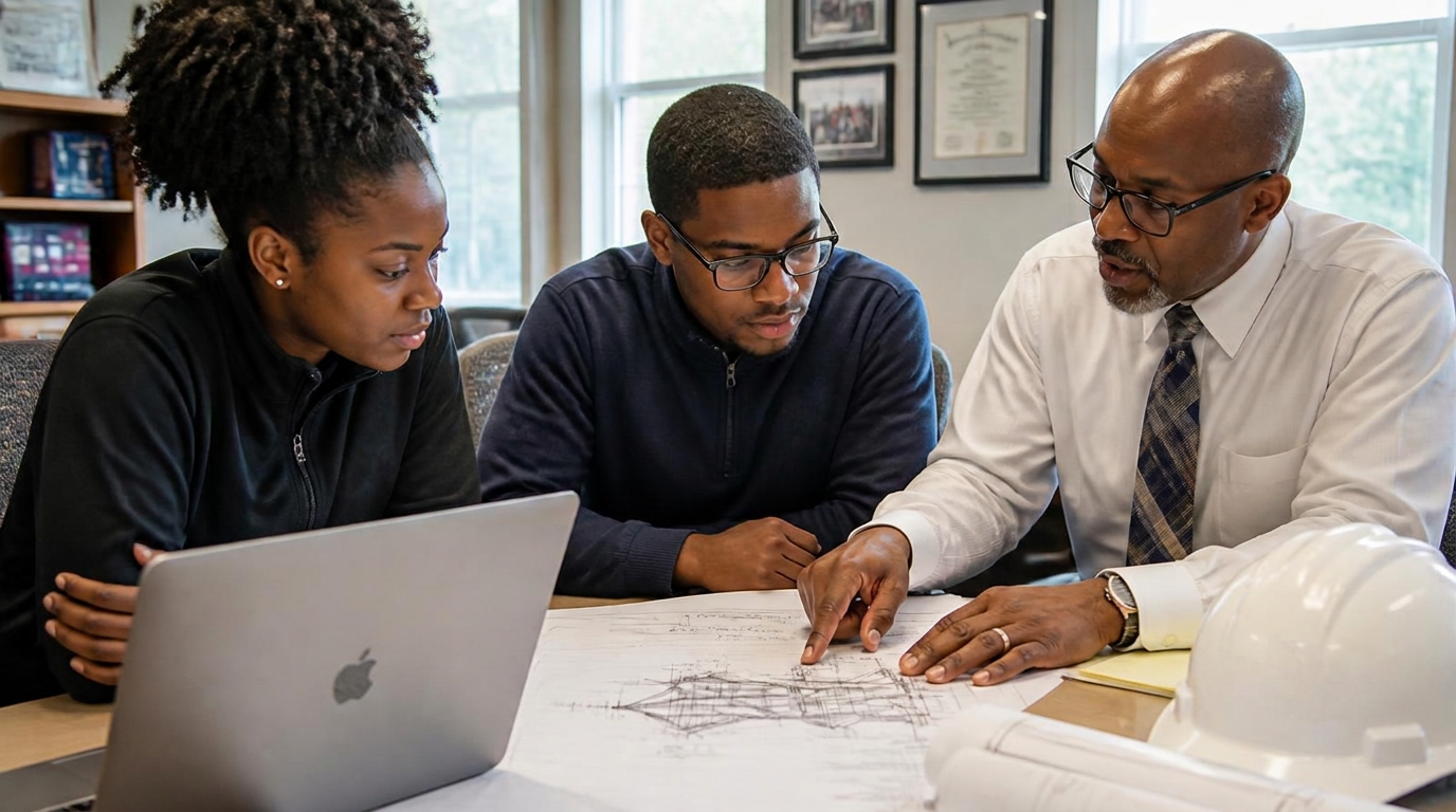 Two civil engineering students reviewing project drawings with their capstone faculty advisor.