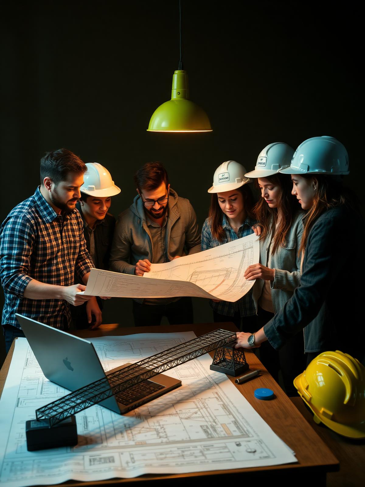 Civil engineering students reviewing capstone drawings and a bridge model together