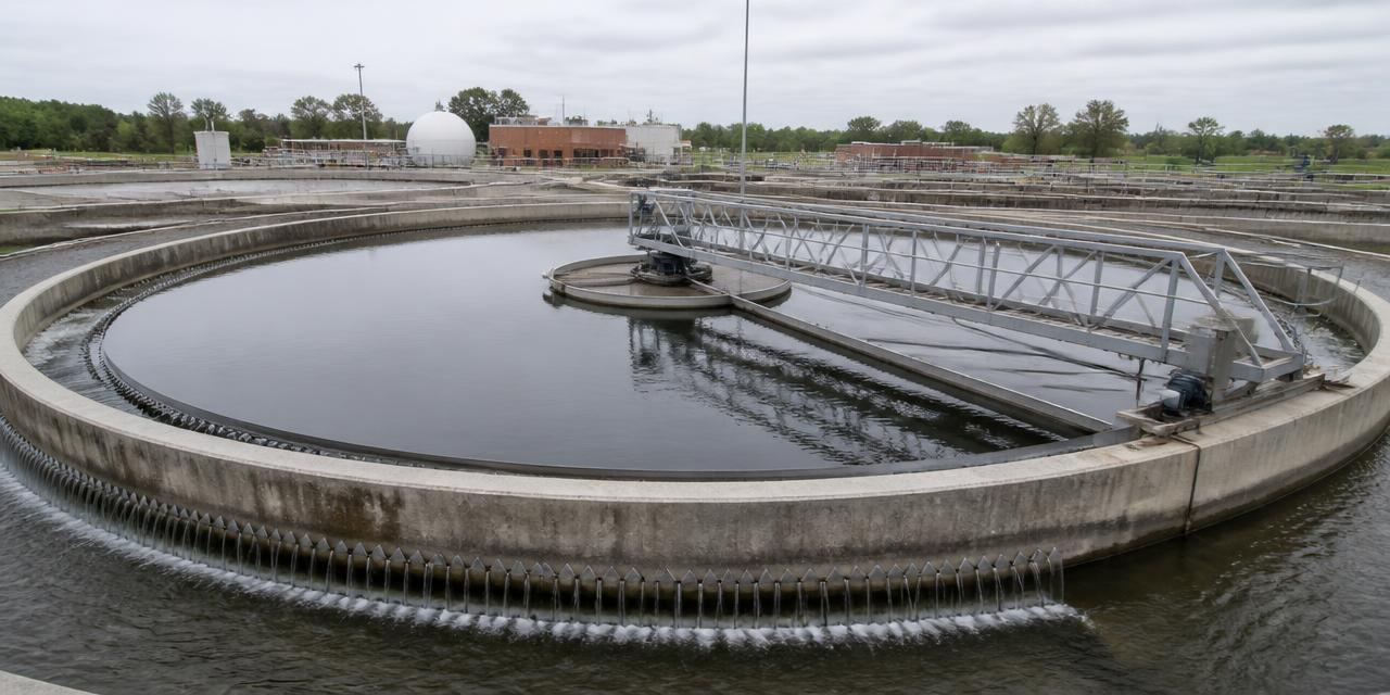 Circular secondary clarifier at a municipal wastewater treatment plant with skimmer bridge and effluent weirs