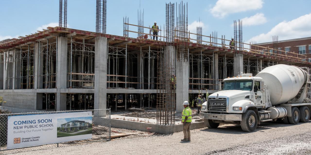 Public school building under construction with reinforced concrete columns, formwork and a ready-mix truck