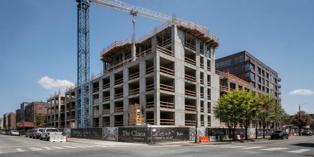 Mid-rise multifamily building under construction with exposed concrete frame and shear walls