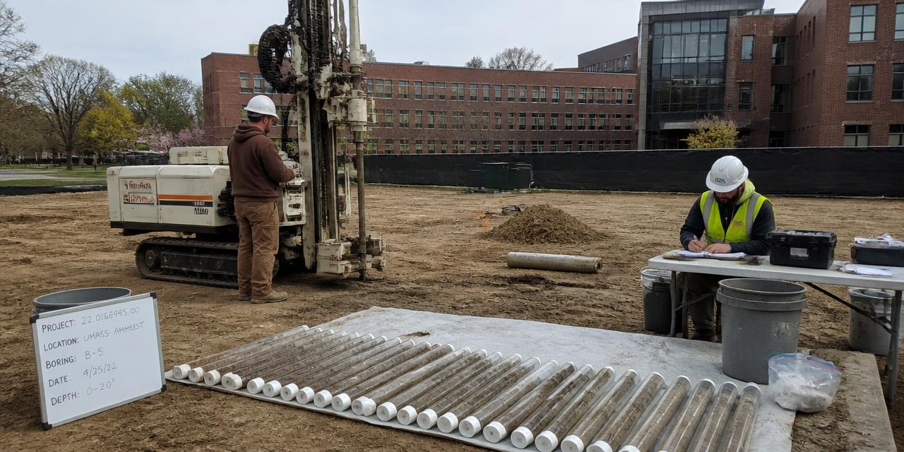 Geotechnical drill rig and logged soil sample tubes on a university building site