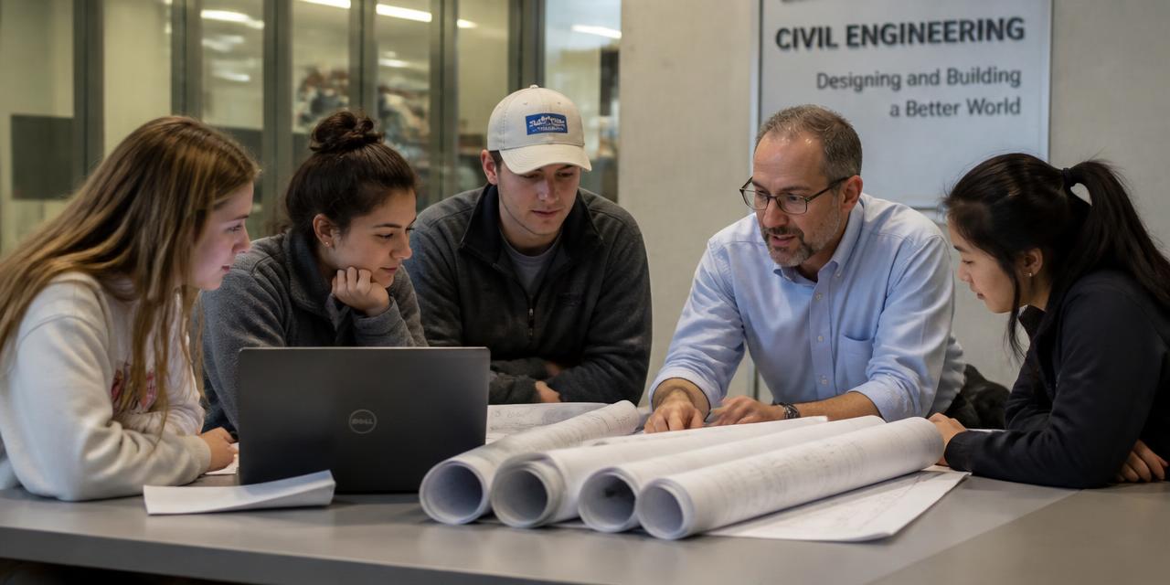 Civil engineering students reviewing construction drawings with their faculty advisor