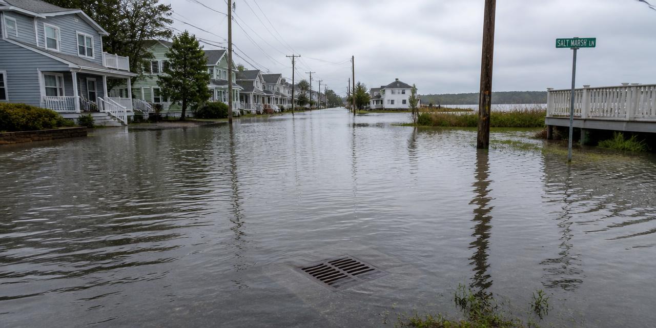 Flooded residential street beside a tidal creek with a submerged storm drain inlet